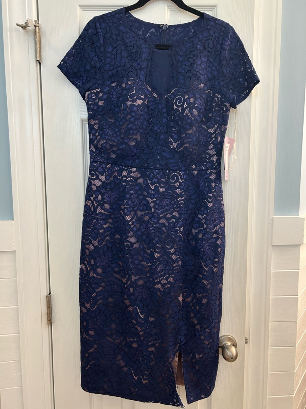 JS Collections Navy Lace Midi Sheath Dress with Nude Lining